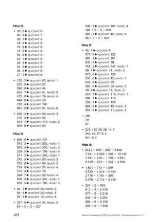 Fitxa 15 
• 30 : 5 c quocient: 6. 
63 : 9 c quocient: 7. 
28 : 7 c quocient: 4. 
18 : 2 c quocient: 9. 
72 : 8 c quocient: 9. 
12 : 2 c quocient: 6. 
54 : 6 c quocient: 9. 
42 : 7 c quocient: 6. 
20 : 4 c quocient: 5. 
24 : 3 c quocient: 8. 
48 : 6 c quocient: 8. 
27 : 3 c quocient: 9. 
• 125 : 2 c quocient: 62; residu: 1. 
522 : 6 c quocient: 87. 
396 : 9 c quocient: 44. 
642 : 7 c quocient: 91; residu: 5 
472 : 6 c quocient: 78; residu: 4. 
448 : 8 c quocient: 56. 
720 : 4 c quocient: 180. 
881 : 9 c quocient: 97; residu: 8 
• 403 : 5 c quocient: 80; residu: 3. 
376 : 4 c quocient: 94. 
814 : 7 c quocient: 116; residu: 2. 
504 : 8 c quocient: 63. 
Fitxa 16 
• 606 : 6 c quocient: 101. 
910 : 3 c quocient: 303; residu: 1. 
803 : 4 c quocient: 200; residu: 3. 
524 : 5 c quocient: 104; residu: 4. 
611 : 2 c quocient: 305; residu: 1. 
242 : 3 c quocient: 80; residu: 2. 
722 : 8 c quocient: 90; residu: 2. 
124 : 6 c quocient: 20; residu: 4. 
210 : 3 c quocient: 70. 
564 : 7 c quocient: 80; residu: 4. 
403 : 2 c quocient: 201; residu: 1. 
903 : 5 c quocient: 180; residu: 3. 
• 62 : 3 c quocient: 20; residu: 2. 
83 : 4 c quocient: 20; residu: 3. 
54 : 5 c quocient: 10; residu: 4. 
• 327 : 6 c quocient: 54; residu: 3. 
54 3 6 1 3 5 327 
539 : 5 c quocient: 107; residu: 4 
107 3 5 1 4 5 539 
407 : 9 c quocient: 45; residu: 2 
45 3 9 1 2 5 407 
Fitxa 17 
• 42 : 7 c quocient: 6 
976 : 8 c quocient: 122 
483 : 3 c quocient: 161 
632 : 8 c quocient: 79 
742 : 3 c quocient: 247; residu: 1 
58 : 4 c quocient: 14; residu: 2 
675 : 5 c quocient: 135 
253 : 6 c quocient: 42; residu: 1 
249 : 3 c quocient: 83 
587 : 9 c quocient: 65; residu: 2 
79 : 7 c quocient: 11; residu: 2 
346 : 3 c quocient: 115; residu: 1 
791 : 7 c quocient: 113 
256 : 2 c quocient: 128 
362 : 8 c quocient: 45; residu: 2 
357 : 5 c quocient: 71; residu: 2 
• 105 
79 
67 
• 224; 112; 56; 28; 14; 7 
243; 81; 27; 9; 3 
64; 16; 4 
Fitxa 18 
• 3421 1 659 1 359 5 4.439 
7.321 1 2.520 1 293 5 10.134 
1.237 1 918 1 1.796 5 3.951 
3.456 1 873 1 1.237 5 5.566 
• 1.804 2 713 5 1.091 
3.513 2 1.319 5 2.194 
2.176 2 1.781 5 395 
5.878 2 2.113 5 3.765 
• 321 3 3 5 963 
612 3 4 5 2.448 
673 3 3 5 2.019 
658 3 8 5 5.264 
684 3 9 5 6.156 
308 3 6 5 1.848 
104 Material fotocopiable © 2012 Grup Promotor / Santillana Educación, S. L. 
 