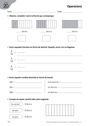 FITXA 
20 
Nom Data 
• Observa, completa i escriu la fracció que correspongui. 
Operacions 
• Escriu aquestes fraccions en forma de decimal. Després, escriu com es llegeixen. 
5 
5 
5 
dècims dècims dècims 
5 
10 
3 
10 
6 
10 
• Escriu aquests nombres decimals en forma de fracció. 
0,9 5 
0,4 5 
0,8 5 
dues dècimes 5 
sis dècimes 5 
set dècimes 5 
• Compta els espais i pinta’ls dels colors següents. 
3 dècims 
2 dècims 
4 dècims 
De vermell 
De blau 
De groc 
74 Material fotocopiable © 2012 Grup Promotor / Santillana Educación, S. L. 
 