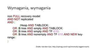 Wymagania, wymagania
non-FULL recovery model
AND NOT replicated
AND (
(Heap AND TABLOCK)
OR (B-tree AND empty AND TABLOCK)...