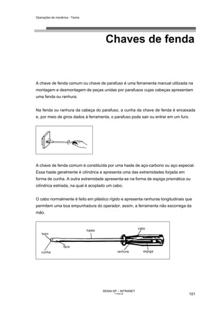 Operações de mecânica - Teoria




                                      Chaves de fenda


A chave de fenda comum ou chave de parafuso é uma ferramenta manual utilizada na
montagem e desmontagem de peças unidas por parafusos cujas cabeças apresentam
uma fenda ou ranhura.


Na fenda ou ranhura da cabeça do parafuso, a cunha da chave de fenda é encaixada
e, por meio de giros dados à ferramenta, o parafuso pode sair ou entrar em um furo.




A chave de fenda comum é constituída por uma haste de aço-carbono ou aço especial.
Essa haste geralmente é cilíndrica e apresenta uma das extremidades forjada em
forma de cunha. A outra extremidade apresenta-se na forma de espiga prismática ou
cilíndrica estriada, na qual é acoplado um cabo.


O cabo normalmente é feito em plástico rígido e apresenta ranhuras longitudinais que
permitem uma boa empunhadura do operador, assim, a ferramenta não escorrega da
mão.




                                    SENAI-SP – INTRANET
                                           CT040-08                               101
 