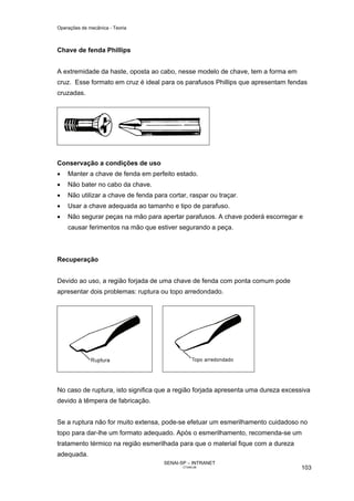 Operações de mecânica - Teoria



Chave de fenda Phillips


A extremidade da haste, oposta ao cabo, nesse modelo de chave, tem a forma em
cruz. Esse formato em cruz é ideal para os parafusos Phillips que apresentam fendas
cruzadas.




Conservação a condições de uso
•   Manter a chave de fenda em perfeito estado.
•   Não bater no cabo da chave.
•   Não utilizar a chave de fenda para cortar, raspar ou traçar.
•   Usar a chave adequada ao tamanho e tipo de parafuso.
•   Não segurar peças na mão para apertar parafusos. A chave poderá escorregar e
    causar ferimentos na mão que estiver segurando a peça.



Recuperação


Devido ao uso, a região forjada de uma chave de fenda com ponta comum pode
apresentar dois problemas: ruptura ou topo arredondado.




No caso de ruptura, isto significa que a região forjada apresenta uma dureza excessiva
devido à têmpera de fabricação.


Se a ruptura não for muito extensa, pode-se efetuar um esmerilhamento cuidadoso no
topo para dar-lhe um formato adequado. Após o esmerilhamento, recomenda-se um
tratamento térmico na região esmerilhada para que o material fique com a dureza
adequada.
                                     SENAI-SP – INTRANET
                                            CT040-08                               103
 