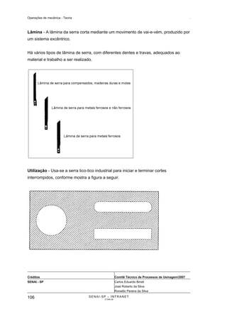Operações de mecânica - Teoria                                                                       .



Lâmina - A lâmina da serra corta mediante um movimento de vai-e-vém, produzido por
um sistema excêntrico.


Há vários tipos de lâmina de serra, com diferentes dentes e travas, adequados ao
material e trabalho a ser realizado.




Utilização - Usa-se a serra tico-tico industrial para iniciar e terminar cortes
interrompidos, conforme mostra a figura a seguir.




Créditos                                              Comitê Técnico de Processos de Usinagem/2007
SENAI - SP                                            Carlos Eduardo Binati
                                                      José Roberto da Silva
                                                      Ronaldo Pereira da Silva

106                               SENAI-SP – INTRANET
                                           CT040-08
 