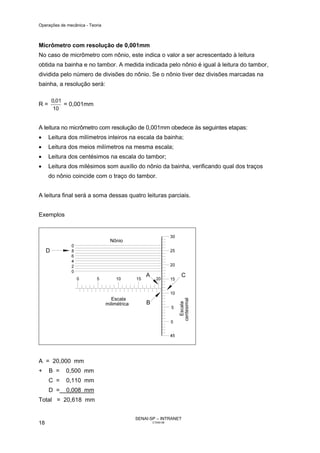 Operações de mecânica - Teoria



Micrômetro com resolução de 0,001mm
No caso de micrômetro com nônio, este indica o valor a ser acrescentado à leitura
obtida na bainha e no tambor. A medida indicada pelo nônio é igual à leitura do tambor,
dividida pelo número de divisões do nônio. Se o nônio tiver dez divisões marcadas na
bainha, a resolução será:

      0,01
R=         = 0,001mm
       10


A leitura no micrômetro com resolução de 0,001mm obedece às seguintes etapas:
•    Leitura dos milímetros inteiros na escala da bainha;
•    Leitura dos meios milímetros na mesma escala;
•    Leitura dos centésimos na escala do tambor;
•    Leitura dos milésimos som auxílio do nônio da bainha, verificando qual dos traços
     do nônio coincide com o traço do tambor.


A leitura final será a soma dessas quatro leituras parciais.


Exemplos




A = 20,000 mm
+    B =     0,500 mm
     C =     0,110 mm
     D =     0,008 mm
Total = 20,618 mm


                                      SENAI-SP – INTRANET
18                                           CT040-08
 