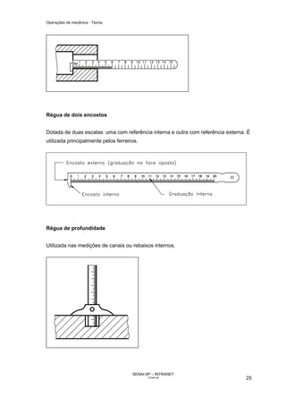 Operações de mecânica - Teoria




Régua de dois encostos


Dotada de duas escalas: uma com referência interna e outra com referência externa. É
utilizada principalmente pelos ferreiros.




Régua de profundidade


Utilizada nas medições de canais ou rebaixos internos.




                                      SENAI-SP – INTRANET
                                             CT040-08                             25
 