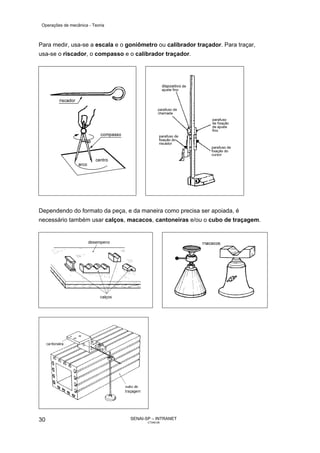 Operações de mecânica - Teoria



Para medir, usa-se a escala e o goniômetro ou calibrador traçador. Para traçar,
usa-se o riscador, o compasso e o calibrador traçador.




Dependendo do formato da peça, e da maneira como precisa ser apoiada, é
necessário também usar calços, macacos, cantoneiras e/ou o cubo de traçagem.




30                                SENAI-SP – INTRANET
                                         CT040-08
 