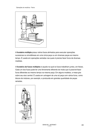 Operações de mecânica - Teoria




A furadeira múltipla possui vários fusos alinhados para executar operações
sucessivas ou simultâneas em uma única peça ou em diversas peças ao mesmo
tempo. É usada em operações seriadas nas quais é preciso fazer furos de diversas
medidas.


A furadeira de fusos múltiplos é aquela na qual os fusos trabalham juntos, em feixes.
Cada um dos fusos pode ter uma ferramenta diferente de modo que é possível fazer
furos diferentes ao mesmo tempo na mesma peça. Em alguns modelos, a mesa gira
sobre seu eixo central. É usada em usinagem de uma só peça com vários furos, como
blocos de motores, por exemplo, e produzida em grandes quantidade de peças
seriadas.




                                  SENAI-SP – INTRANET                              43
                                         CT040-08
 