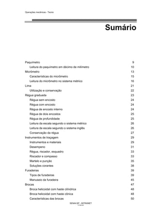 Operações mecânicas - Teoria




                                                          Sumário



Paquímetro                                                      9
    Leitura do paquímetro em décimo de milímetro               10
Micrômetro                                                     13
    Características do micrômetro                              15
    Leitura do micrômetro no sistema métrico                   16
Lima                                                           21
    Utilização e conservação                                   22
Régua graduada                                                 23
    Régua sem encosto                                          24
    Régua com encosto                                          24
    Régua de encosto interno                                   24
    Régua de dois encostos                                     25
    Régua de profundidade                                      25
    Leitura da escala segundo o sistema métrico                26
    Leitura de escala segundo o sistema inglês                 26
    Conservação da régua                                       27
Instrumentos de traçagem                                       29
    Instrumentos e materiais                                   29
    Desempeno                                                  31
    Régua, riscador, esquadro                                  33
    Riscador e compasso                                        33
    Martelo e punção                                           35
    Soluções corantes                                          38
Furadeiras                                                     39
    Tipos de furadeiras                                        39
    Manuseio da furadeira                                      45
Brocas                                                         47
    Broca helicoidal com haste cilíndrica                      48
    Broca helicoidal com haste cônica                          48
    Características das brocas                                 50
                                    SENAI-SP - INTRANET
                                            CT040-08
 