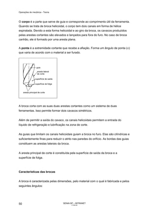 Operações de mecânica - Teoria



O corpo é a parte que serve de guia e corresponde ao comprimento útil da ferramenta.
Quando se trata de broca helicoidal, o corpo tem dois canais em forma de hélice
espiralada. Devido a esta forma helicoidal e ao giro da broca, os cavacos produzidos
pelas arestas cortantes são elevados e lançados para fora do furo. No caso de broca
canhão, ele é formado por uma aresta plana.


A ponta é a extremidade cortante que recebe a afiação. Forma um ângulo de ponta (σ)
que varia de acordo com o material a ser furado.




A broca corta com as suas duas arestas cortantes como um sistema de duas
ferramentas. Isso permite formar dois cavacos simétricos.


Além de permitir a saída do cavaco, os canais helicoidais permitem a entrada do
líquido de refrigeração e lubrificação na zona de corte.


As guias que limitam os canais helicoidais guiam a broca no furo. Elas são cilíndricas e
suficientemente finas para reduzir o atrito nas paredes do orifício. As bordas das guias
constituem as arestas laterais da broca.


A aresta principal de corte é constituída pela superfície de saída da broca e a
superfície de folga.



Características das brocas


A broca é caracterizada pelas dimensões, pelo material com o qual é fabricada e pelos
seguintes ângulos:




50                                 SENAI-SP – INTRANET
                                           CT040-08
 
