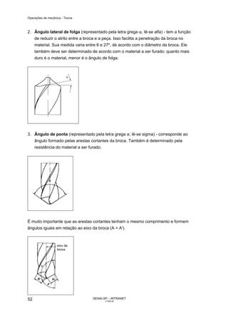 Operações de mecânica - Teoria



2. Ângulo lateral de folga (representado pela letra grega α, lê-se alfa) - tem a função
     de reduzir o atrito entre a broca e a peça. Isso facilita a penetração da broca no
     material. Sua medida varia entre 6 e 27º, de acordo com o diâmetro da broca. Ele
     também deve ser determinado de acordo com o material a ser furado: quanto mais
     duro é o material, menor é o ângulo de folga.




3. Ângulo de ponta (representado pela letra grega σ, lê-se sigma) - corresponde ao
     ângulo formado pelas arestas cortantes da broca. Também é determinado pela
     resistência do material a ser furado.




É muito importante que as arestas cortantes tenham o mesmo comprimento e formem
ângulos iguais em relação ao eixo da broca (A = A').




52                                   SENAI-SP – INTRANET
                                             CT040-08
 