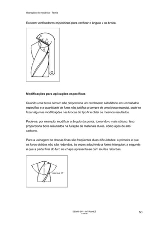 Operações de mecânica - Teoria



Existem verificadores específicos para verificar o ângulo ε da broca.




Modificações para aplicações específicas


Quando uma broca comum não proporciona um rendimento satisfatório em um trabalho
específico e a quantidade de furos não justifica a compra de uma broca especial, pode-se
fazer algumas modificações nas brocas do tipo N e obter os mesmos resultados.


Pode-se, por exemplo, modificar o ângulo da ponta, tornando-o mais obtuso. Isso
proporciona bons resultados na furação de materiais duros, como aços de alto
carbono.


Para a usinagem de chapas finas são freqüentes duas dificuldades: a primeira é que
os furos obtidos não são redondos, às vezes adquirindo a forma triangular; a segunda
é que a parte final do furo na chapa apresenta-se com muitas rebarbas.




                                   SENAI-SP – INTRANET                                53
                                          CT040-08
 