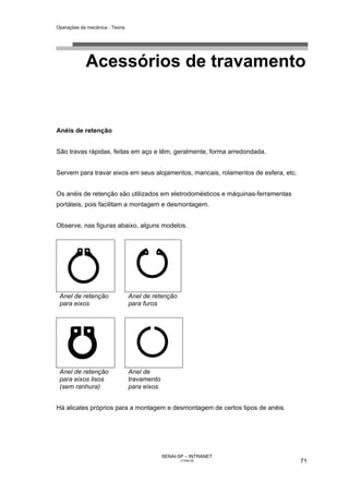Operações de mecânica - Teoria




            Acessórios de travamento


Anéis de retenção


São travas rápidas, feitas em aço e têm, geralmente, forma arredondada.


Servem para travar eixos em seus alojamentos, mancais, rolamentos de esfera, etc.


Os anéis de retenção são utilizados em eletrodomésticos e máquinas-ferramentas
portáteis, pois facilitam a montagem e desmontagem.


Observe, nas figuras abaixo, alguns modelos.




 Anel de retenção                Anel de retenção
 para eixos                      para furos




 Anel de retenção                Anel de
 para eixos lisos                travamento
 (sem ranhura)                   para eixos.


Há alicates próprios para a montagem e desmontagem de certos tipos de anéis.




                                               SENAI-SP – INTRANET
                                                      CT040-08                      71
 