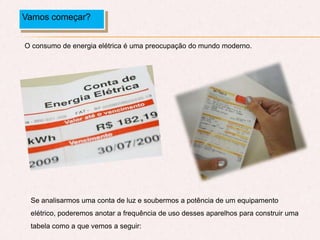 Vamos começar?
O consumo de energia elétrica é uma preocupação do mundo moderno.
Se analisarmos uma conta de luz e soubermos a potência de um equipamento
elétrico, poderemos anotar a frequência de uso desses aparelhos para construir uma
tabela como a que vemos a seguir:
 