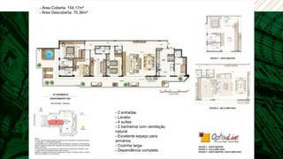 - Área Coberta: 154,17m²
- Área Descoberta: 70,36m²




                             - 2 entradas
                             - Lavabo
                             - 4 suítes
                             - 2 banheiros com ventilação
                             natural
                             - Excelente espaço para
                             armários.
                             - Cozinha larga.
                             - Dependência completa.
 