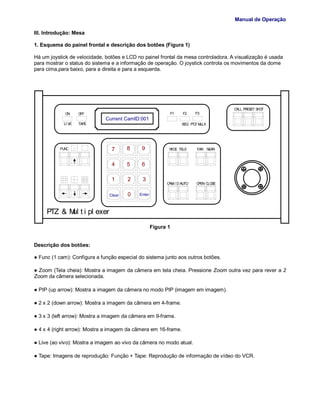 Manual de Operação
III. Introdução: Mesa
1. Esquema do painel frontal e descrição dos botões (Figura 1)
Há um joystick de velocidade, botões e LCD no painel frontal da mesa controladora. A visualização é usada
para mostrar o status do sistema e a informação de operação. O joystick controla os movimentos da dome
para cima,para baixo, para a direita e para a esquerda.
FUNC
0
1 2 3
4 5 6
7 8 9
EnterClear
WI DE TELE FAR NEAR
CAM/ I DAUTO OPEN CLOSE
Current CamID:001
SEQ PTZ/ MULXLI VE TAPE
ON OFF F1 F2 F3
CALL PRESET SHOT
PTZ & Mul t i pl exer
Figura 1
Descrição dos botões:
● Func (1 cam): Configura a função especial do sistema junto aos outros botões.
● Zoom (Tela cheia): Mostra a imagem da câmera em tela cheia. Pressione Zoom outra vez para rever a 2
Zoom da câmera selecionada.
● PIP (up arrow): Mostra a imagem da câmera no modo PIP (imagem em imagem).
● 2 x 2 (down arrow): Mostra a imagem da câmera em 4-frame.
● 3 x 3 (left arrow): Mostra a imagem da câmera em 9-frame.
● 4 x 4 (right arrow): Mostra a imagem da câmera em 16-frame.
● Live (ao vivo): Mostra a imagem ao vivo da câmera no modo atual.
● Tape: Imagens de reprodução: Função + Tape: Reprodução de informação de vídeo do VCR.
 