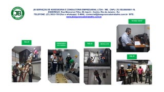 JB SERVIÇOS DE ASSESSORIA E CONSULTORIA EMPRESARIAL LTDA – ME. CNPJ: 25.108.808/0001-18.
ENDEREÇO: Rua Moncorvo Filho, 99, loja A – Centro, Rio de Janeiro - RJ.
TELEFONE: (21) 3933-1161(fixo e whatsapp) E-MAIL: comercial@jbsegurancadotrabalho.com.br SITE:
www.jbsegurancadotrabalho.com.br
A JB ASSESSORIA E
NR-35
PRIMEIROS
SOCORROS
RESGATE
NR-35
WORK SHOP
NR-33
 