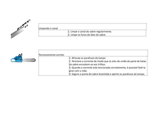 Limpando o canal
1. Limpe o canal do sabre regularmente.
2. Limpe os furos de óleo do sabre.

Tencionamento correto
1. Afrouxe os parafusos da tampa
2. Tencione a corrente de modo que os elos de união da parte de baixo
do sabre encostem-se aos trilhos.
3. Quando a corrente está tencionada corretamente, é possível fazê-la
girar com a mão.
4. Segure a ponta do sabre levantada e aperte os parafusos da tampa.

 