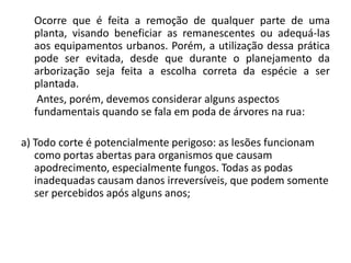 Ocorre que é feita a remoção de qualquer parte de uma
planta, visando beneficiar as remanescentes ou adequá-las
aos equipamentos urbanos. Porém, a utilização dessa prática
pode ser evitada, desde que durante o planejamento da
arborização seja feita a escolha correta da espécie a ser
plantada.
Antes, porém, devemos considerar alguns aspectos
fundamentais quando se fala em poda de árvores na rua:
a) Todo corte é potencialmente perigoso: as lesões funcionam
como portas abertas para organismos que causam
apodrecimento, especialmente fungos. Todas as podas
inadequadas causam danos irreversíveis, que podem somente
ser percebidos após alguns anos;

 