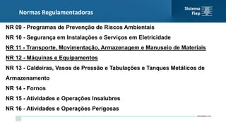 Normas Regulamentadoras
NR 09 - Programas de Prevenção de Riscos Ambientais
NR 10 - Segurança em Instalações e Serviços em Eletricidade
NR 11 - Transporte, Movimentação, Armazenagem e Manuseio de Materiais
NR 12 - Máquinas e Equipamentos
NR 13 - Caldeiras, Vasos de Pressão e Tabulações e Tanques Metálicos de
Armazenamento
NR 14 - Fornos
NR 15 - Atividades e Operações Insalubres
NR 16 - Atividades e Operações Perigosas
 
