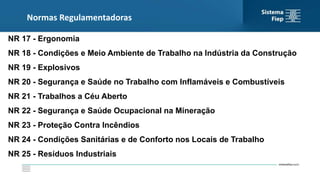 Normas Regulamentadoras
NR 17 - Ergonomia
NR 18 - Condições e Meio Ambiente de Trabalho na Indústria da Construção
NR 19 - Explosivos
NR 20 - Segurança e Saúde no Trabalho com Inflamáveis e Combustíveis
NR 21 - Trabalhos a Céu Aberto
NR 22 - Segurança e Saúde Ocupacional na Mineração
NR 23 - Proteção Contra Incêndios
NR 24 - Condições Sanitárias e de Conforto nos Locais de Trabalho
NR 25 - Resíduos Industriais
 