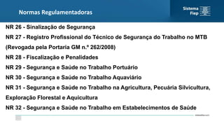 Normas Regulamentadoras
NR 26 - Sinalização de Segurança
NR 27 - Registro Profissional do Técnico de Segurança do Trabalho no MTB
(Revogada pela Portaria GM n.º 262/2008)
NR 28 - Fiscalização e Penalidades
NR 29 - Segurança e Saúde no Trabalho Portuário
NR 30 - Segurança e Saúde no Trabalho Aquaviário
NR 31 - Segurança e Saúde no Trabalho na Agricultura, Pecuária Silvicultura,
Exploração Florestal e Aquicultura
NR 32 - Segurança e Saúde no Trabalho em Estabelecimentos de Saúde
 