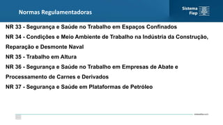 Normas Regulamentadoras
NR 33 - Segurança e Saúde no Trabalho em Espaços Confinados
NR 34 - Condições e Meio Ambiente de Trabalho na Indústria da Construção,
Reparação e Desmonte Naval
NR 35 - Trabalho em Altura
NR 36 - Segurança e Saúde no Trabalho em Empresas de Abate e
Processamento de Carnes e Derivados
NR 37 - Segurança e Saúde em Plataformas de Petróleo
 