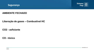 Segurança
AMBIENTE FECHADO
Liberação de gases – Combustível HC
CO2 - asfixiante
CO - tóxico
 