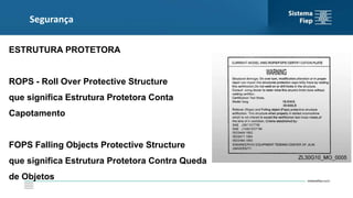 Segurança
ESTRUTURA PROTETORA
ROPS - Roll Over Protective Structure
que significa Estrutura Protetora Conta
Capotamento
FOPS Falling Objects Protective Structure
que significa Estrutura Protetora Contra Queda
de Objetos
 