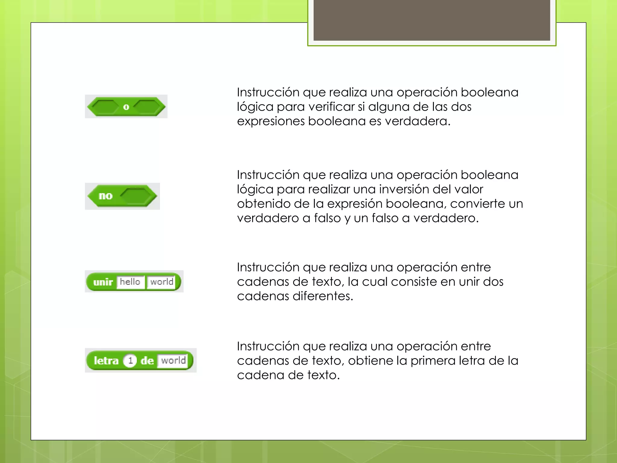 Instrucción que realiza una operación booleana
lógica para verificar si alguna de las dos
expresiones booleana es verdadera.
Instrucción que realiza una operación booleana
lógica para realizar una inversión del valor
obtenido de la expresión booleana, convierte un
verdadero a falso y un falso a verdadero.
Instrucción que realiza una operación entre
cadenas de texto, la cual consiste en unir dos
cadenas diferentes.
Instrucción que realiza una operación entre
cadenas de texto, obtiene la primera letra de la
cadena de texto.
 