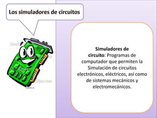 Simuladores de
     circuito: Programas de
  computador que permiten la
     Simulación de circuitos
electrónicos, eléctricos, así como
    de sistemas mecánicos y
        electromecánicos.
 