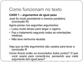 Como funcionam no texto
CASO 1 – argumentos de igual peso
José foi muito persistente e merece parabéns.
(conclusão R)
Agora pense nos seguintes argumentos:
 Lutou muito tempo para largar o cigarro;
 Fez o tratamento seguindo todas as orientações
médicas;
 Não teve nenhuma recaída.
Veja que os três argumentos são usados para levar a
conclusão R
Como ficaria então os enunciados todos juntos? O que
você usaria para conectá-los, pensando que cada
argumento tem igual peso?
 