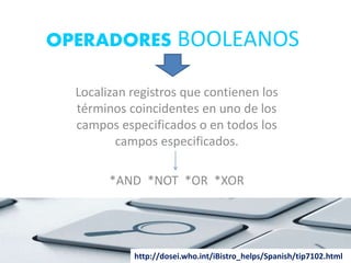 OPERADORES BOOLEANOS 
Localizan registros que contienen los 
términos coincidentes en uno de los 
campos especificados o en todos los 
campos especificados. 
*AND *NOT *OR *XOR 
http://dosei.who.int/iBistro_helps/Spanish/tip7102.html 
 