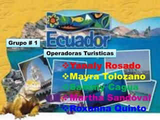 Grupo # 1
            Operadoras Turisticas

                Yanaly Rosado
                Mayra Tolozano
                Sammy Cagua
                Martha Sandoval
                Roxanna Quinto
 