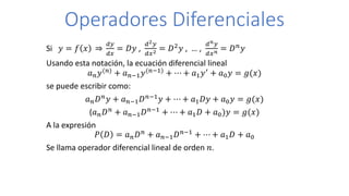Operadores Diferenciales
Si 𝑦 = 𝑓 𝑥 ֜
𝑑𝑦
𝑑𝑥
= 𝐷𝑦 ,
𝑑2𝑦
𝑑𝑥2 = 𝐷2𝑦 , … ,
𝑑𝑛𝑦
𝑑𝑥𝑛 = 𝐷𝑛𝑦
Usando esta notación, la ecuación diferencial lineal
𝑎𝑛𝑦(𝑛) + 𝑎𝑛−1𝑦(𝑛−1) + ⋯ + 𝑎1𝑦′ + 𝑎0𝑦 = 𝑔(𝑥)
se puede escribir como:
𝑎𝑛𝐷𝑛𝑦 + 𝑎𝑛−1𝐷𝑛−1𝑦 + ⋯ + 𝑎1𝐷𝑦 + 𝑎0𝑦 = 𝑔(𝑥)
(𝑎𝑛𝐷𝑛 + 𝑎𝑛−1𝐷𝑛−1 + ⋯ + 𝑎1𝐷 + 𝑎0)𝑦 = 𝑔(𝑥)
A la expresión
𝑃 𝐷 = 𝑎𝑛𝐷𝑛 + 𝑎𝑛−1𝐷𝑛−1 + ⋯ + 𝑎1𝐷 + 𝑎0
Se llama operador diferencial lineal de orden 𝑛.
 