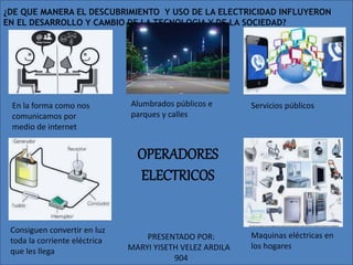 OPERADORES
ELECTRICOS
Consiguen convertir en luz
toda la corriente eléctrica
que les llega
¿DE QUE MANERA EL DESCUBRIMIENTO Y USO DE LA ELECTRICIDAD INFLUYERON
EN EL DESARROLLO Y CAMBIO DE LA TECNOLOGIA Y DE LA SOCIEDAD?
En la forma como nos
comunicamos por
medio de internet
Servicios públicos
Maquinas eléctricas en
los hogares
PRESENTADO POR:
MARYI YISETH VELEZ ARDILA
904
Alumbrados públicos e
parques y calles
 