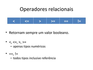 Operadores relacionais Retornam sempre um valor booleano. <, <=, >, >= apenas tipos numéricos ==, != todos tipos inclusive referência < <= > >= == != 
