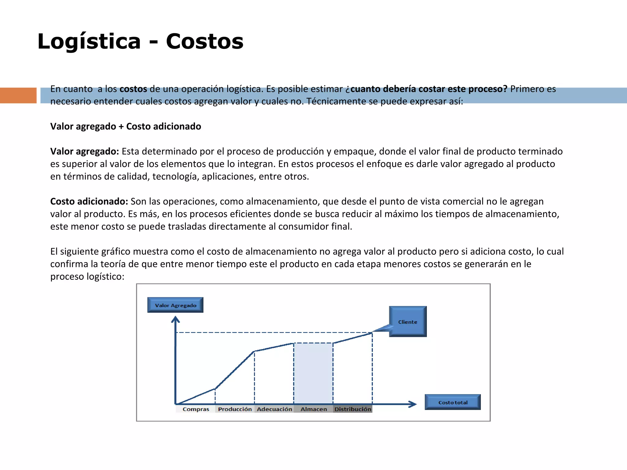 Logística - Costos
En cuanto a los costos de una operación logística. Es posible estimar ¿cuanto debería costar este proceso? Primero es
necesario entender cuales costos agregan valor y cuales no. Técnicamente se puede expresar así:
Valor agregado + Costo adicionado
Valor agregado: Esta determinado por el proceso de producción y empaque, donde el valor final de producto terminado
es superior al valor de los elementos que lo integran. En estos procesos el enfoque es darle valor agregado al producto
en términos de calidad, tecnología, aplicaciones, entre otros.
Costo adicionado: Son las operaciones, como almacenamiento, que desde el punto de vista comercial no le agregan
valor al producto. Es más, en los procesos eficientes donde se busca reducir al máximo los tiempos de almacenamiento,
este menor costo se puede trasladas directamente al consumidor final.
El siguiente gráfico muestra como el costo de almacenamiento no agrega valor al producto pero si adiciona costo, lo cual
confirma la teoría de que entre menor tiempo este el producto en cada etapa menores costos se generarán en le
proceso logístico:
 
