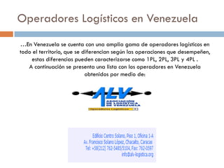 Operadores Logísticos en Venezuela
…En Venezuela se cuenta con una amplia gama de operadores logísticos en
todo el territorio, que se diferencian según las operaciones que desempeñen,
estas diferencias pueden caracterizarse como 1PL, 2PL, 3PL y 4PL .
A continuación se presenta una lista con los operadores en Venezuela
obtenidos por medio de:

 