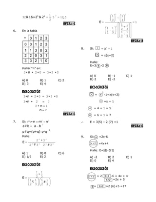 5 4
& 16=2 & 2 ,
21
32 5 12 5
2
RPTA.: E
6. En la tabla
Hallar “n” en:
n3 2 0 3 3 0
A) 0 B) 1 C) 2
D) 3 E) 4
RESOLUCIÓN
n3 2 0 3 3 0
n3 2 0
n3 1
n 2
RPTA.: C
7. Si: m n m n2 2
a b a b
2
1
p#q=(p+q) p-q
Halle:
E
#
1 1
1 1 1 1
2 3
2 3 2 3
A) 1 B) 0 C) 6
D) 1/6 E) 2
RESOLUCIÓN
E
#
1 1
2 3
1 1 1 1
2 3 2 3
E
2 2
2
1 1
2 3
1
1 1
1 1 2 3
1 12 3
2 3
RPTA.: A
8. Si: x2
1
= x(x+2)
Halle:
E=3 -2
A) 0 B) -1 C) 1
D) 2 E) -2
RESOLUCIÓN
= -1=x(x+2)
=x + 1
= 4 + 1 = 5
= 6 + 1 = 7
E = 3(5) – 2 (7) =1
RPTA.: C
9. Si: =2x-6
=4x+4
Halle: E= -5
A) -2 B) 2 C) 1
D) 0 E) 4
RESOLUCIÓN
= 2 -6 = 4x + 4
=2x + 5
= =2 (6)+5 =17
0 1 2 3
0 0 1 2 3
11 3 0 2
2
3
2
3
0
2
3
1
1
0
4 6
x
8 1
x + 2
X
2
X
4
6
X+2
X+2
8 6+2
x + 2
 
