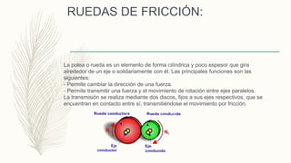 RUEDAS DE FRICCIÓN:
La polea o rueda es un elemento de forma cilíndrica y poco espesor que gira
alrededor de un eje o solidariamente con él. Las principales funciones son las
siguientes:
- Permite cambiar la dirección de una fuerza.
- Permite transmitir una fuerza y el movimiento de rotación entre ejes paralelos.
La transmisión se realiza mediante dos discos, fijos a sus ejes respectivos, que se
encuentran en contacto entre sí, transmitiéndose el movimiento por fricción.
 