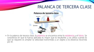 PALANCA DE TERCERA CLASE
• En la palanca de tercera clase, la potencia se encuentra entre la resistencia y el fulcro. Se
caracteriza en que la fuerza aplicada es mayor que la resultante; y se utiliza cuando lo
que se requiere es ampliar la velocidad transmitida a un objeto o la distancia recorrida
por él.
 