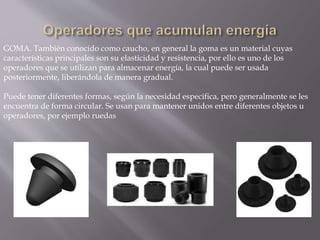 GOMA. También conocido como caucho, en general la goma es un material cuyas
características principales son su elasticidad y resistencia, por ello es uno de los
operadores que se utilizan para almacenar energía, la cual puede ser usada
posteriormente, liberándola de manera gradual.
Puede tener diferentes formas, según la necesidad especifica, pero generalmente se les
encuentra de forma circular. Se usan para mantener unidos entre diferentes objetos u
operadores, por ejemplo ruedas
 