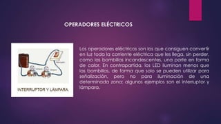OPERADORES ELÉCTRICOS
Los operadores eléctricos son los que consiguen convertir
en luz toda la corriente eléctrica que les llega, sin perder,
como las bombillas incandescentes, una parte en forma
de calor. En contrapartida, los LED iluminan menos que
las bombillas, de forma que solo se pueden utilizar para
señalización, pero no para iluminación de una
determinada zona; algunos ejemplos son el interruptor y
lámpara.
 