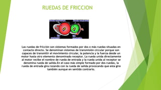 RUEDAS DE FRICCION
Las ruedas de fricción son sistemas formados por dos o más ruedas situadas en
contacto directo. Se denominan sistemas de transmisión circular porque son
capaces de transmitir el movimiento circular, la potencia y la fuerza desde un
motor hasta otro elemento denominado receptor. La rueda unida directamente
al motor recibe el nombre de rueda de entrada y la rueda unida al receptor se
denomina rueda de salida.En el caso más simple formado por dos ruedas, la
rueda de entrada gira rozando con la rueda de salida provocando que esta gire
también aunque en sentido contrario.
 