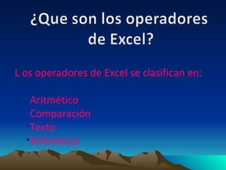 L os operadores de Excel se clasifican en: Aritmético Comparación Texto Referencia 