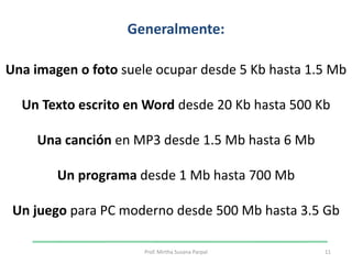 Generalmente:Una imagen o foto suele ocupar desde 5 Kb hasta 1.5 Mb Un Texto escrito en Word desde 20 Kb hasta 500 KbUna canción en MP3 desde 1.5 Mb hasta 6 MbUn programa desde 1 Mb hasta 700 MbUn juego para PC moderno desde 500 Mb hasta 3.5 Gb11Prof. Mirtha Susana Parpal