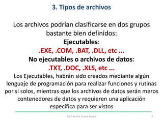 3. Tipos de archivosLos archivos podrían clasificarse en dos grupos bastante bien definidos:Ejecutables: .EXE, .COM, .BAT, .DLL, etc ... No ejecutables o archivos de datos: .TXT, .DOC, .XLS, etc...Los Ejecutables, habrán sido creados mediante algún lenguaje de programación para realizar funciones y rutinas por si solos, mientras que los archivos de datos serán meros contenedores de datos y requieren una aplicación específica para ser vistos13Prof. Mirtha Susana Parpal