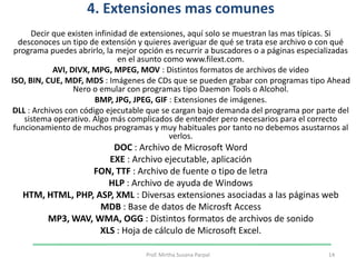 4. Extensiones mas comunesDecir que existen infinidad de extensiones, aquí solo se muestran las mas típicas. Si desconoces un tipo de extensión y quieres averiguar de qué se trata ese archivo o con qué programa puedes abrirlo, la mejor opción es recurrir a buscadores o a páginas especializadas en el asunto como www.filext.com.AVI, DIVX, MPG, MPEG, MOV : Distintos formatos de archivos de video ISO, BIN, CUE, MDF, MDS : Imágenes de CDs que se pueden grabar con programas tipo AheadNero o emular con programas tipo Daemon Tools o Alcohol. BMP, JPG, JPEG, GIF : Extensiones de imágenes. DLL : Archivos con código ejecutable que se cargan bajo demanda del programa por parte del sistema operativo. Algo más complicados de entender pero necesarios para el correcto funcionamiento de muchos programas y muy habituales por tanto no debemos asustarnos al verlos. DOC : Archivo de Microsoft Word EXE : Archivo ejecutable, aplicación FON, TTF : Archivo de fuente o tipo de letra HLP : Archivo de ayuda de Windows HTM, HTML, PHP, ASP, XML : Diversas extensiones asociadas a las páginas web MDB : Base de datos de Microsft Access MP3, WAV, WMA, OGG : Distintos formatos de archivos de sonido XLS : Hoja de cálculo de Microsoft Excel.14Prof. Mirtha Susana Parpal