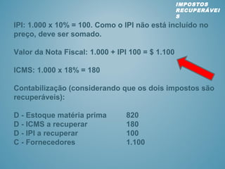 IPI: 1.000 x 10% = 100. Como o IPI não está incluído no
preço, deve ser somado.
Valor da Nota Fiscal: 1.000 + IPI 100 = $ 1.100
ICMS: 1.000 x 18% = 180
Contabilização (considerando que os dois impostos são
recuperáveis):
D - Estoque matéria prima 820
D - ICMS a recuperar 180
D - IPI a recuperar 100
C - Fornecedores 1.100
IMPOSTOS
RECUPERÁVEI
S
 