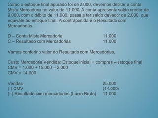 Como o estoque final apurado foi de 2.000, devemos debitar a conta
Mista Mercadoria no valor de 11.000. A conta apresenta saldo credor de
9.000, com o débito de 11.000, passa a ter saldo devedor de 2.000, que
equivale ao estoque final. A contrapartida é o Resultado com
Mercadorias.
D – Conta Mista Mercadoria 11.000
C – Resultado com Mercadorias 11.000
Vamos conferir o valor do Resultado com Mercadorias.
Custo Mercadoria Vendida: Estoque inicial + compras – estoque final
CMV = 1.000 + 15.000 – 2.000
CMV = 14.000
Vendas 25.000
(-) CMV (14.000)
(=) Resultado com mercadorias (Lucro Bruto) 11.000
 