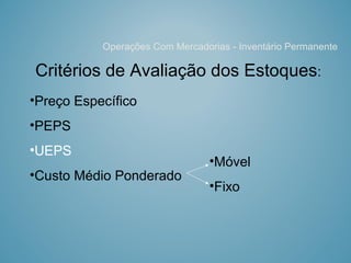 Critérios de Avaliação dos Estoques:
Operações Com Mercadorias - Inventário Permanente
•Preço Específico
•PEPS
•UEPS
•Custo Médio Ponderado
•Móvel
•Fixo
 